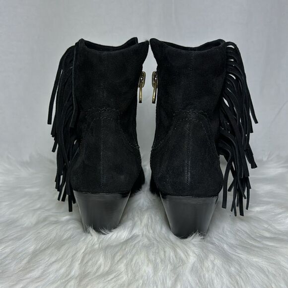 Sam Edelman Louie Black Suede Heeled Fringe Booties Sz 8 - Picture 5 of 8
